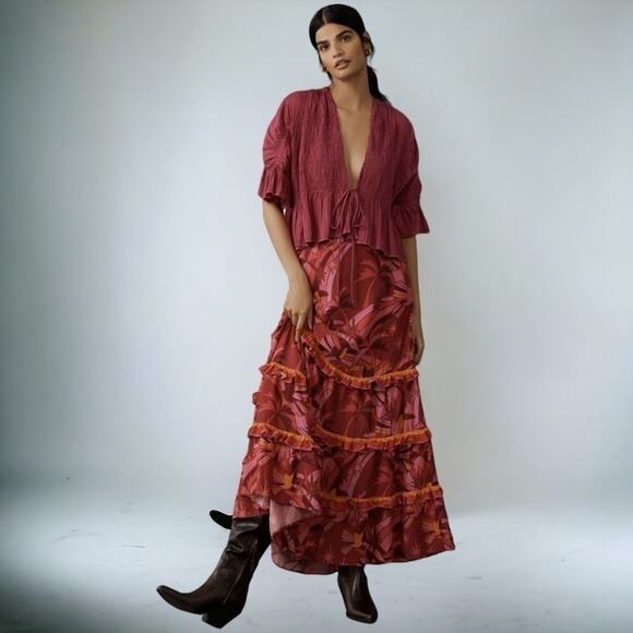 FARM Rio Tiered pink maxi skirt size M pink boho festival hippie concert wedding - Picture 1 of 6